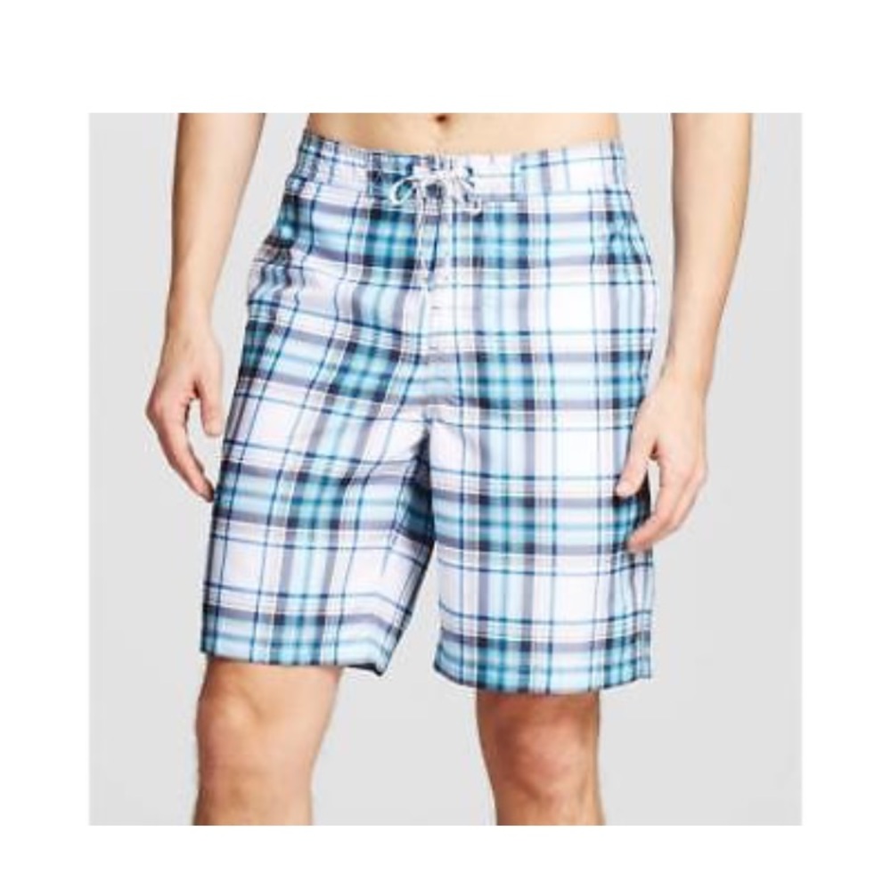 Men Plaid Swim Trunks white& blue